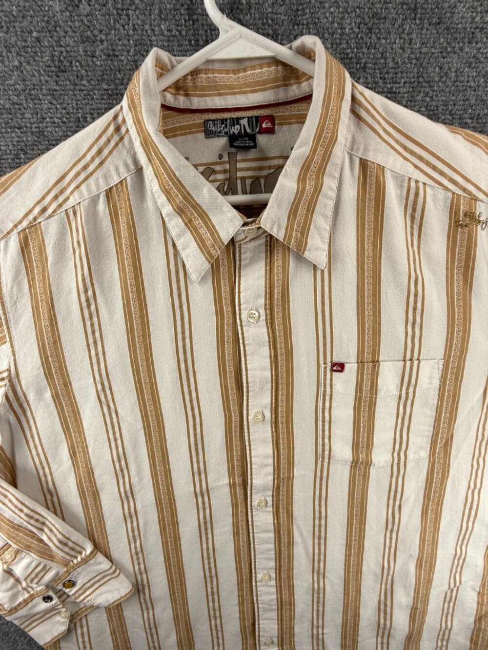 Quiksilver Point XL Striped Cotton Polyester Beige Button Up Pocket Casual Men
